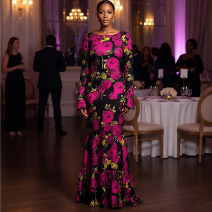 Women's Floral Long Sleeve Maxi Dress Elegant Bodycon Maxi