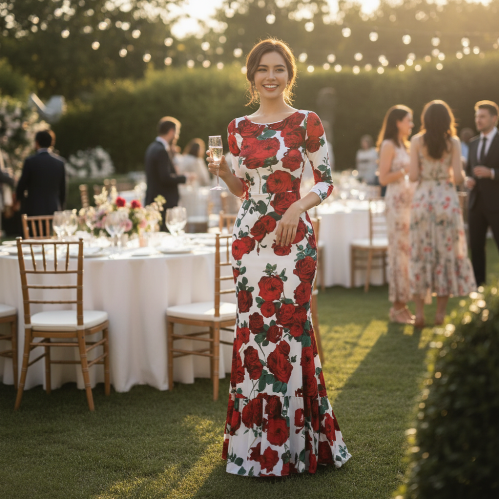 Women's Floral Long Sleeve Maxi Dress Elegant Bodycon Maxi