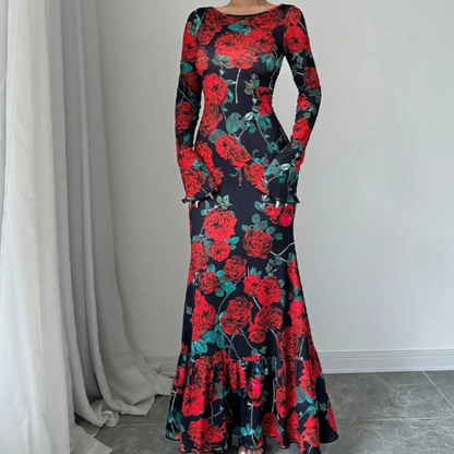Women's Floral Long Sleeve Maxi Dress Elegant Bodycon Maxi