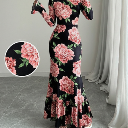 Women's Floral Long Sleeve Maxi Dress Elegant Bodycon Maxi