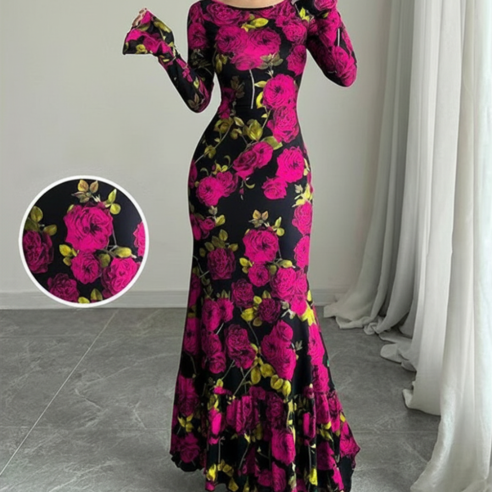 Women's Floral Long Sleeve Maxi Dress Elegant Bodycon Maxi