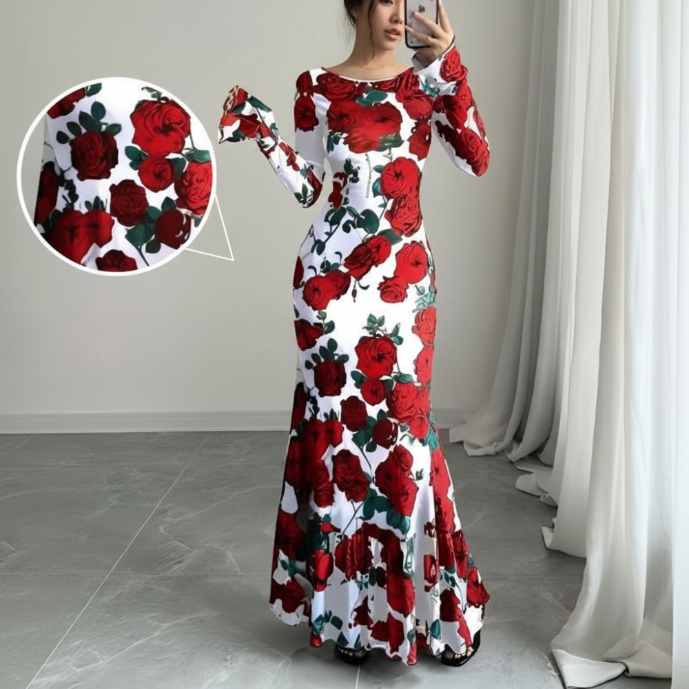 Women's Floral Long Sleeve Maxi Dress Elegant Bodycon Maxi