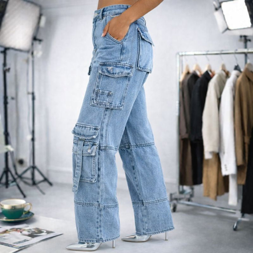 Women's Chic Denim Set Corset Top and Relaxed Cargo Pants