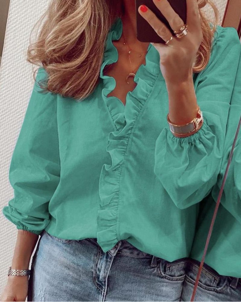Elizabeth - Women’s Ruffle Blouse with V-Neck