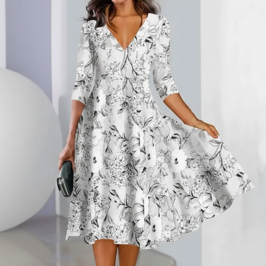 Summer Dress Floral Midi V Neck Three Quarter Sleeve