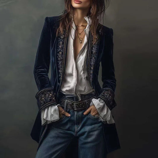 Women's Vintage Velvet Embroidered Blazer Long Jacket 1