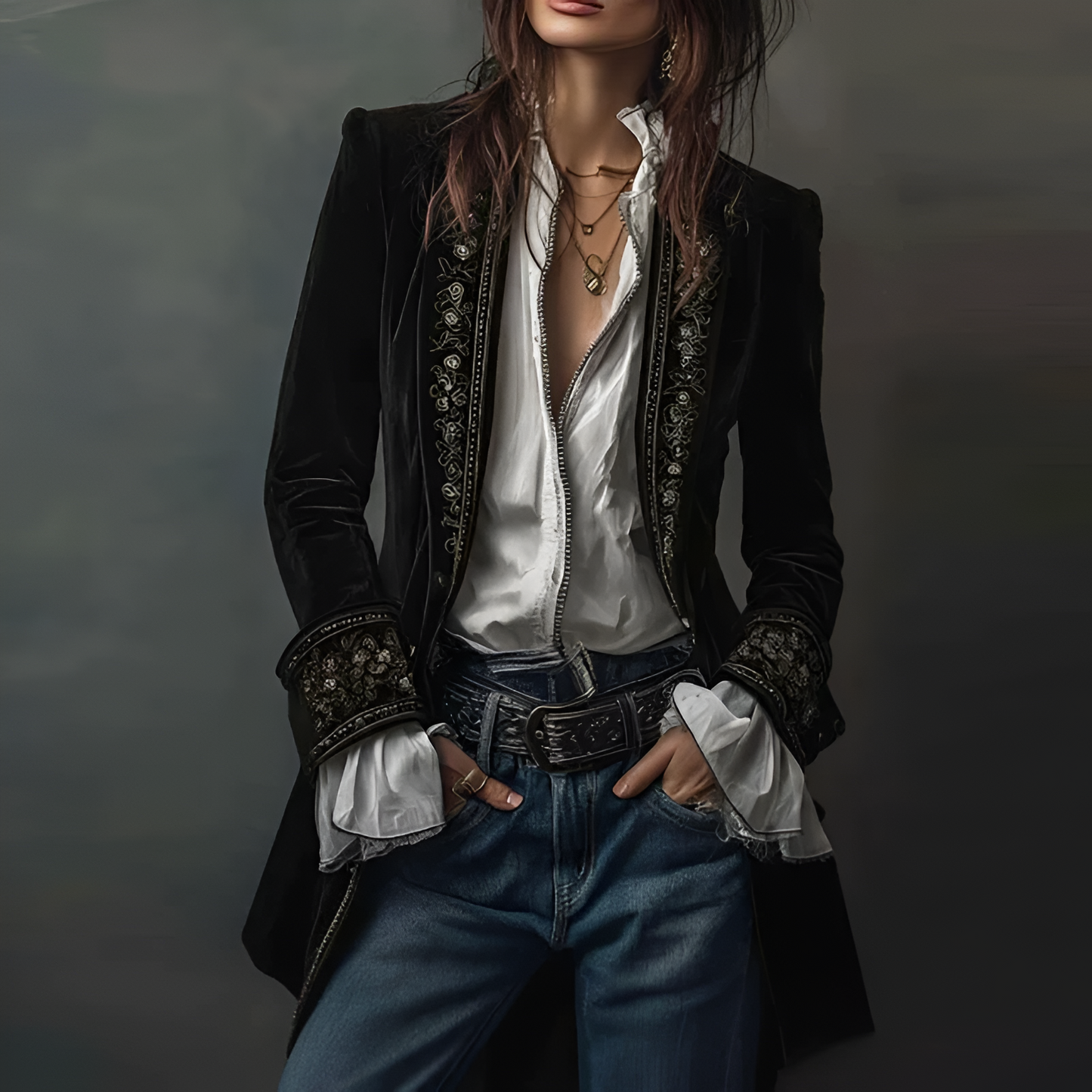 Women's Vintage Velvet Embroidered Blazer Long Jacket 7