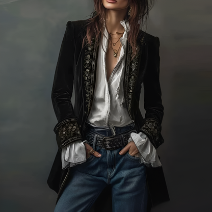 Women's Vintage Velvet Embroidered Blazer Long Jacket 7