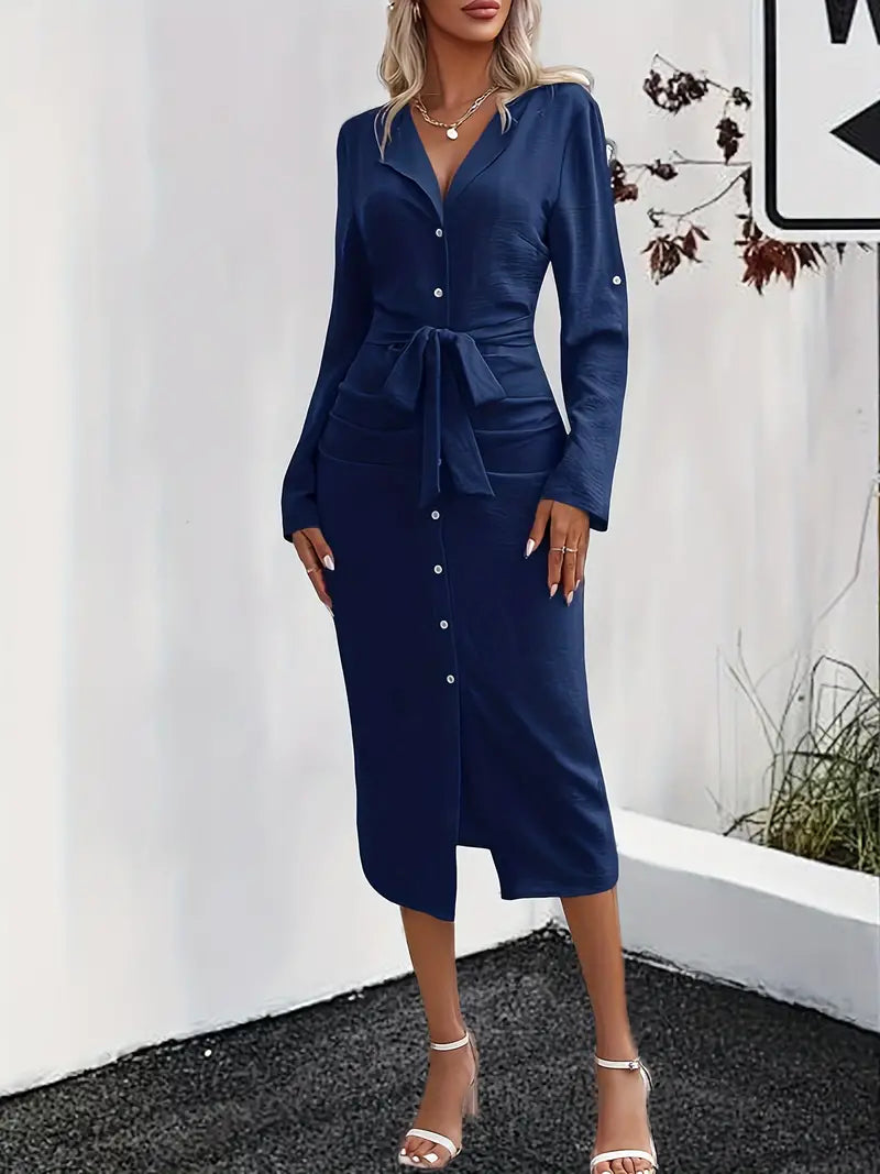 Women's Elegant Cotton Dress with Button Placket and Waist Belt