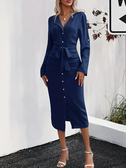 Women's Elegant Cotton Dress with Button Placket and Waist Belt