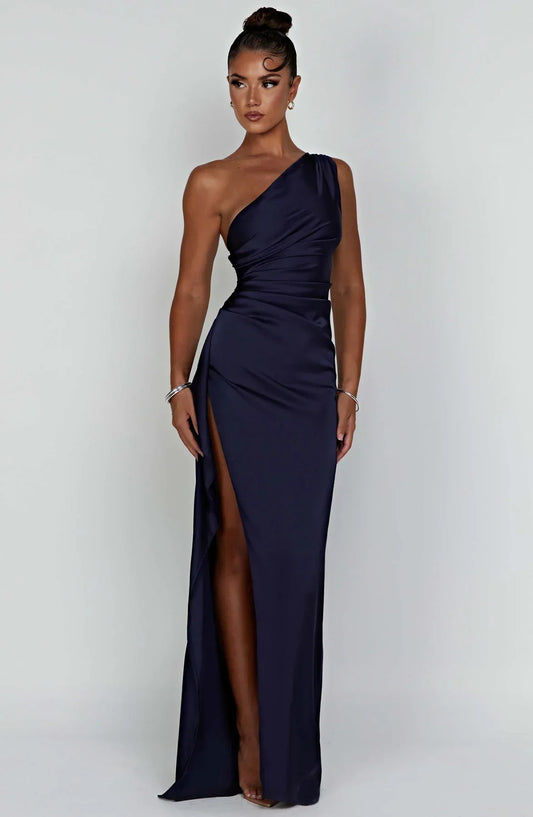 Elegance Couture – Women's One Shoulder Satin Dress, Chic Asymmetrical Design, Smooth Draping Fabric, Perfect for Formal Events