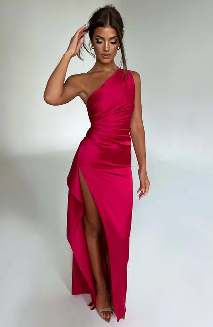 Elegance Couture – Women's One Shoulder Satin Dress, Chic Asymmetrical Design, Smooth Draping Fabric, Perfect for Formal Events