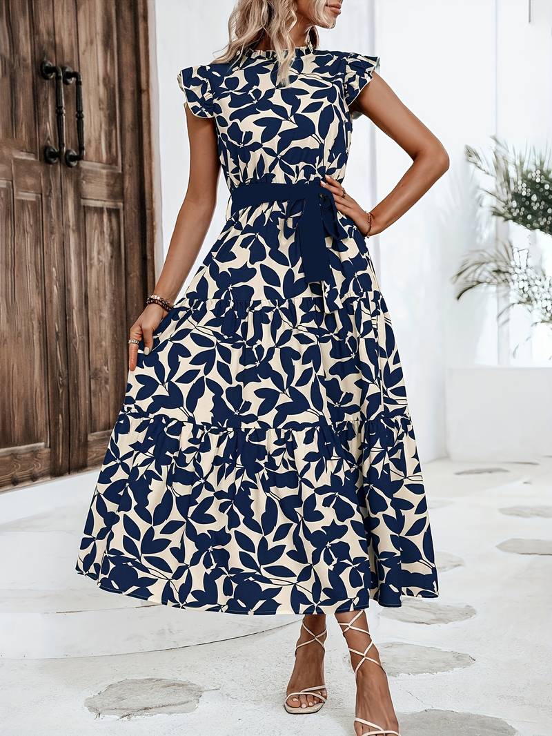 Women's Airy Floral Print Dress with Lace-Up Neckline