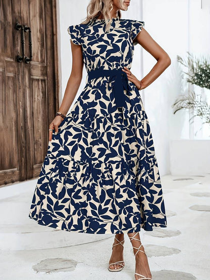 Women's Airy Floral Print Dress with Lace-Up Neckline