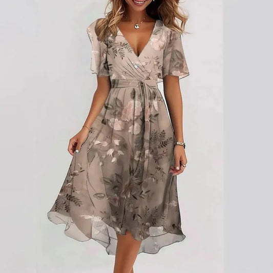 Women's Elegant Floral Sheen Midi Dress with Trendy Design