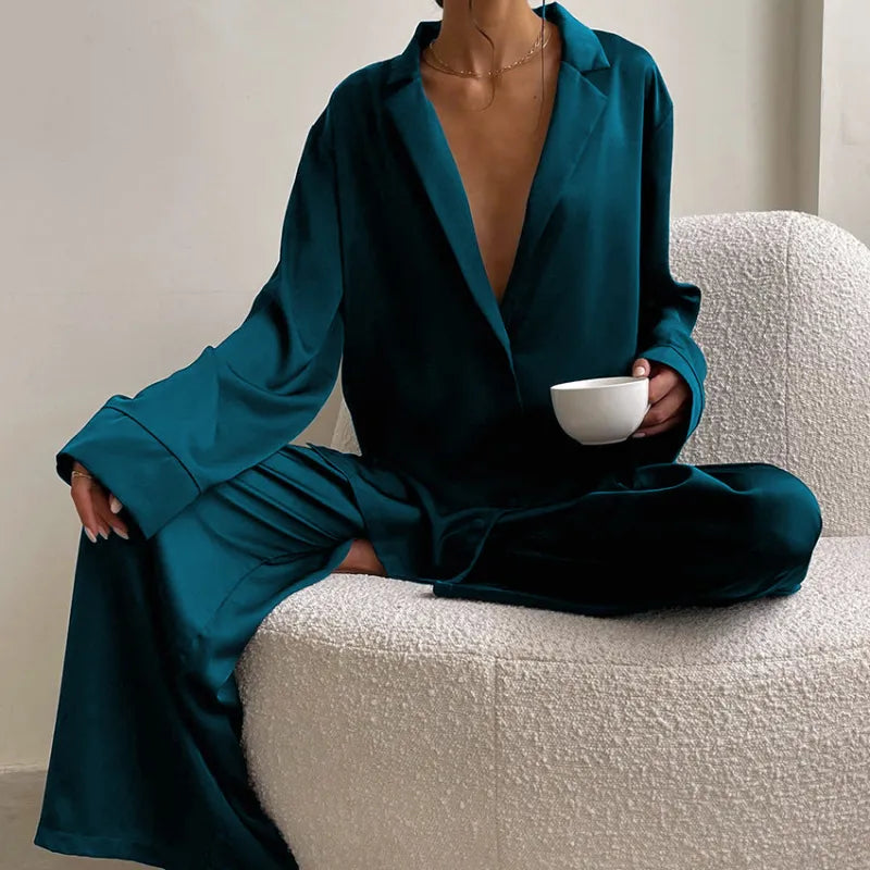 Women's Elegant Solid Silk Satin Thin Pyjama Set - Homewear Sleepwear | Ideal for All Seasons
