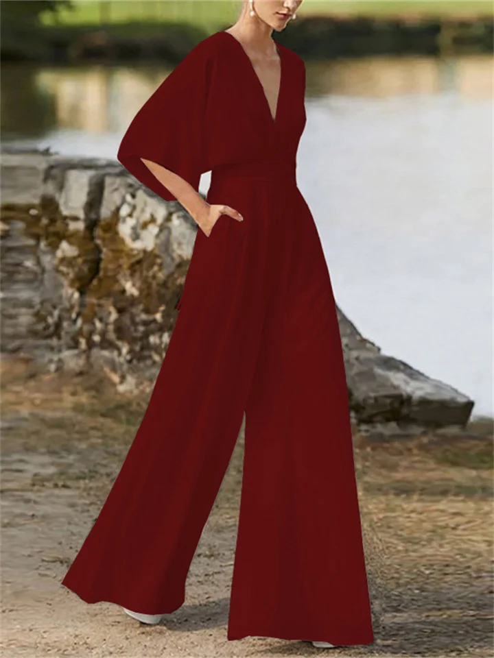 Women's Elegant V-Neck Jumpsuit with 3/4 Sleeves | Ideal for Spring/Summer