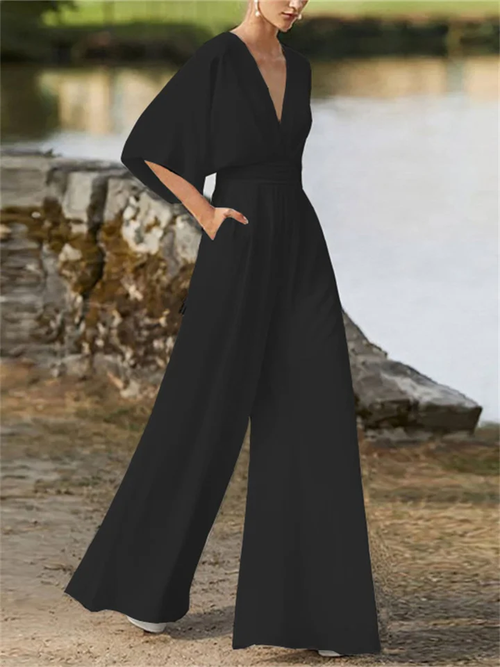 Women's Elegant V-Neck Jumpsuit with 3/4 Sleeves | Ideal for Spring/Summer