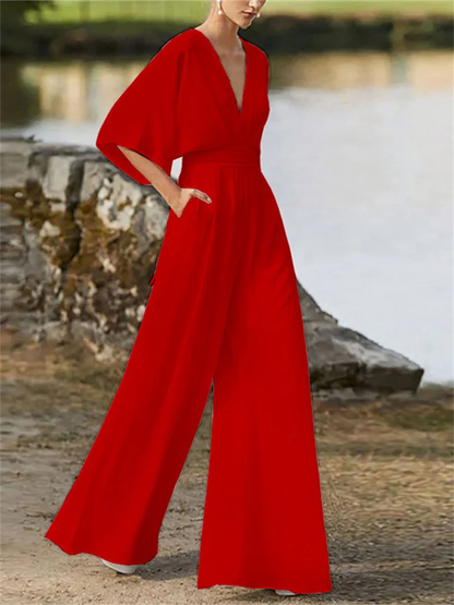 Women's Elegant V-Neck Jumpsuit with 3/4 Sleeves | Ideal for Spring/Summer