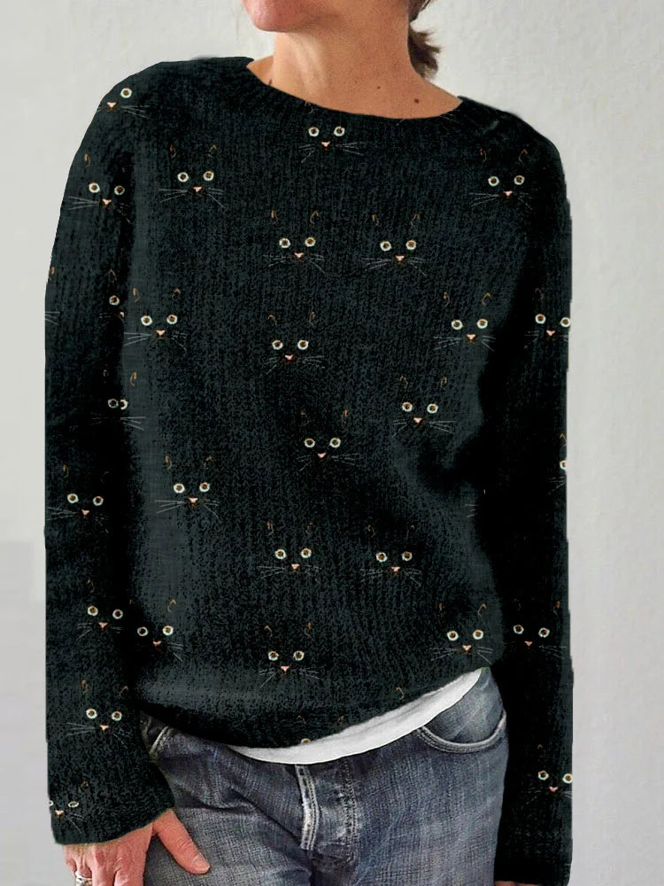 Women's Cozy Cat Faces Print Knit Round Neck Jumper | Ideal for Winter