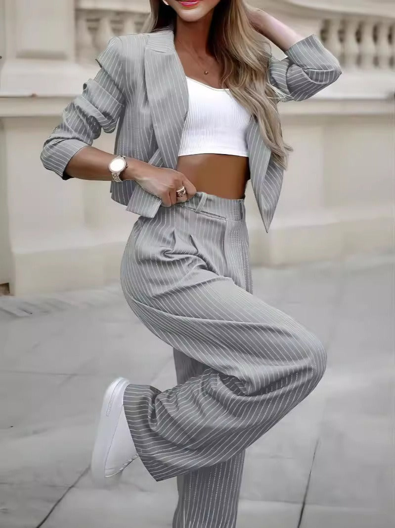 Elegant Tweed Style Crop Suit And High Waist Wide Leg Pants Blazer Set for Women | Chic & Ideal for All Seasons