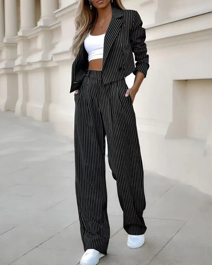 Elegant Tweed Style Crop Suit And High Waist Wide Leg Pants Blazer Set for Women | Chic & Ideal for All Seasons