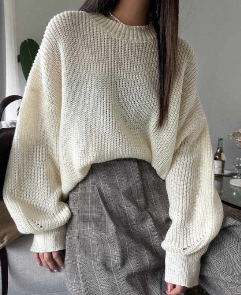 Women's Loose Knitted Plain round neck Jumper