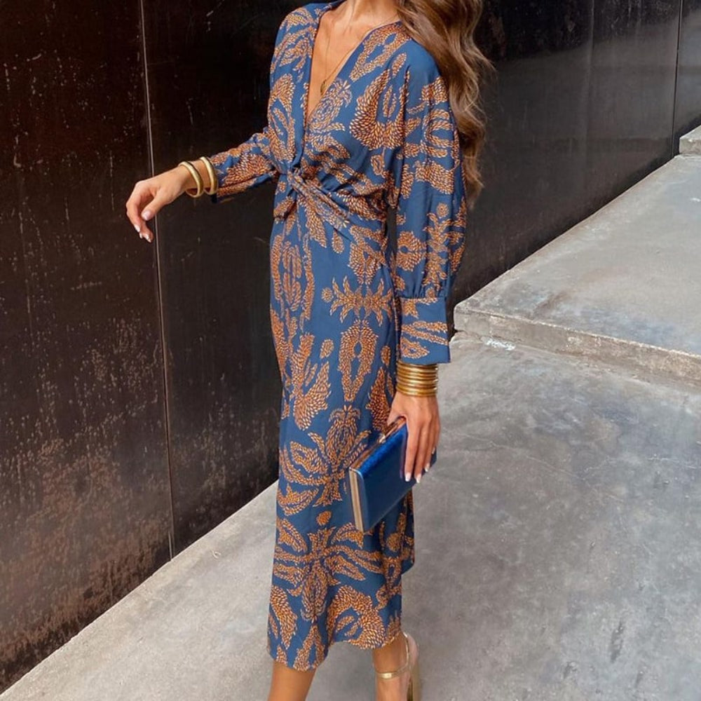 Women's Long Sleeve Dress Printed Midi | V-Neck - Image 1