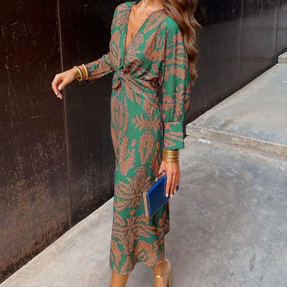 Women's Long Sleeve Dress Printed Midi | V-Neck - Image 7